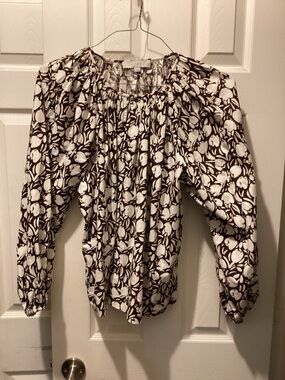 LOFT White and Brown Floral Peasant Blouse